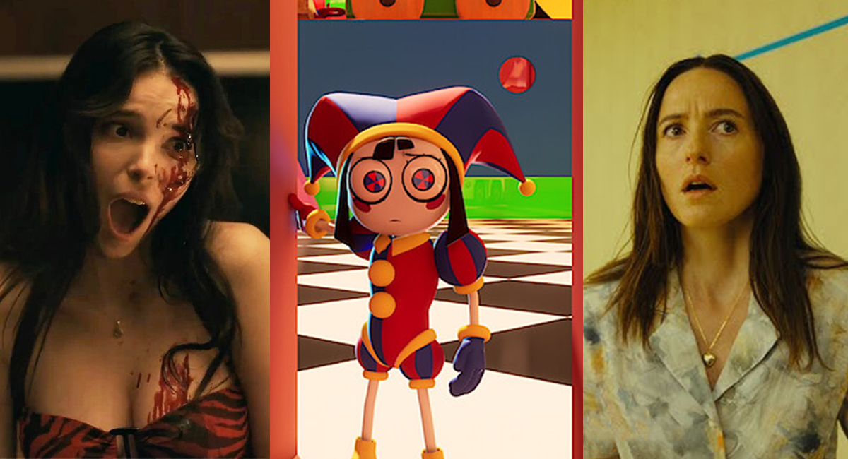 Images from three movies influenced by YouTube: Obsession, The Amazing Digital Circus The Last Act and Backrooms