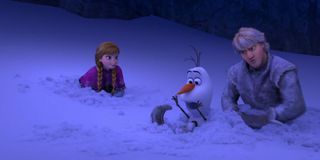 Frozen characters buried in snow.
