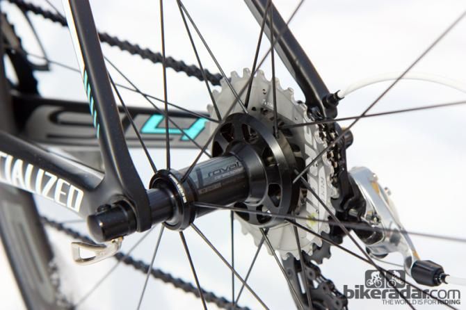 Two-to-one lacing on the rear wheel helps equalize the spoke tension from left to right.