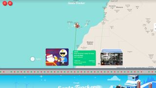 Google Santa Tracker showing a cartoonish Santa over the Canary Islands on a map of North West Africa