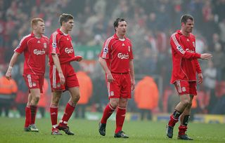 LIVERPOOL, UNITED KINGDOM - FEBRUARY 03: (L-R) John Arne Riise, Steven Gerrard, Robbie Fowler and Jamie Carragher of Liverpool show their dissapointment at the final whistle during the Barclays Premiership match between Liverpool and Everton at Anfield on February 3, 2007 in Liverpool, England. (Photo by Laurence Griffiths/Getty Images)