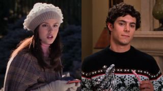 Screenshots of Leighton Meester in Gossip Girl and Adam Brody holding a Menorah and Candy Cane in The OC.