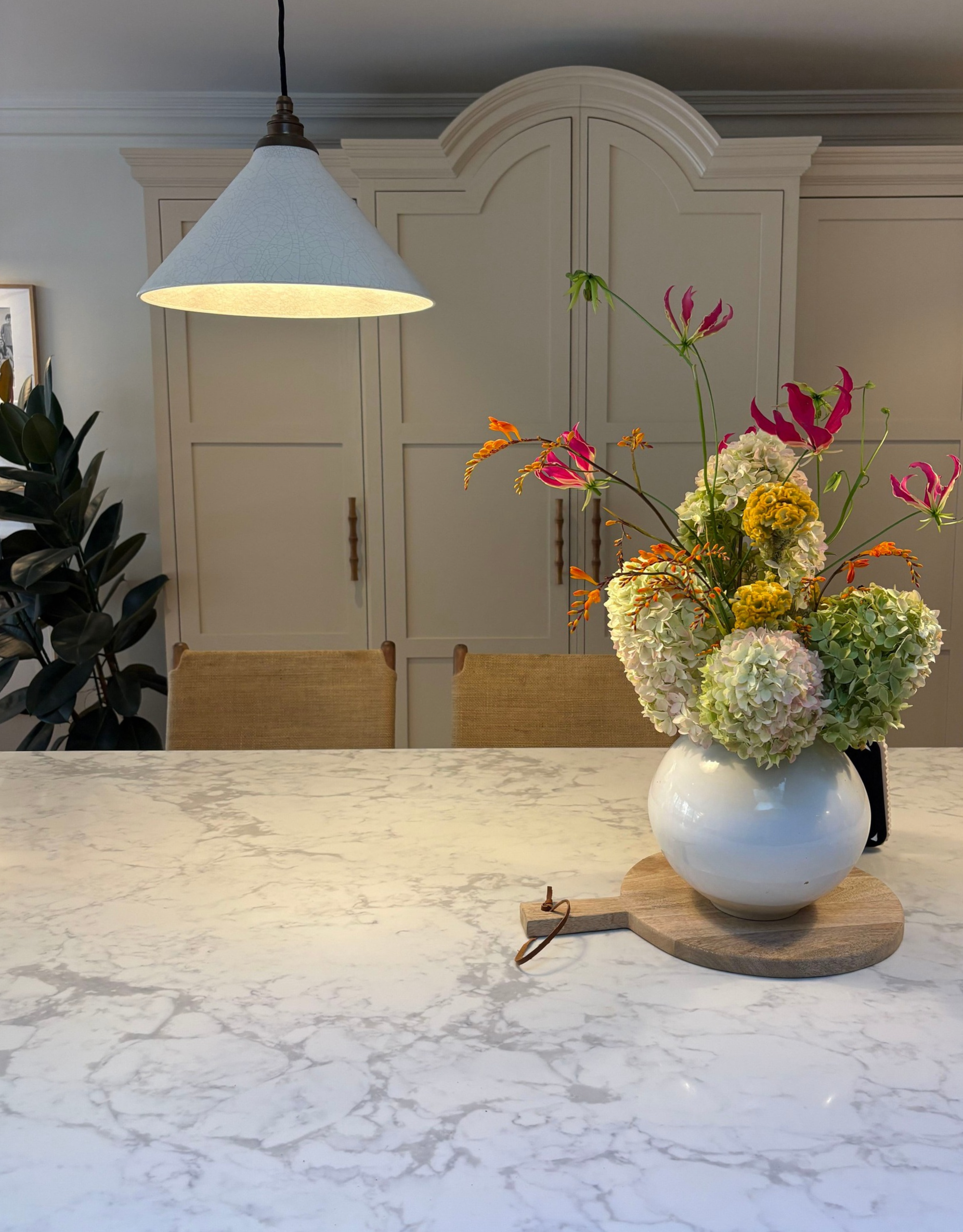 marble counters with floral display