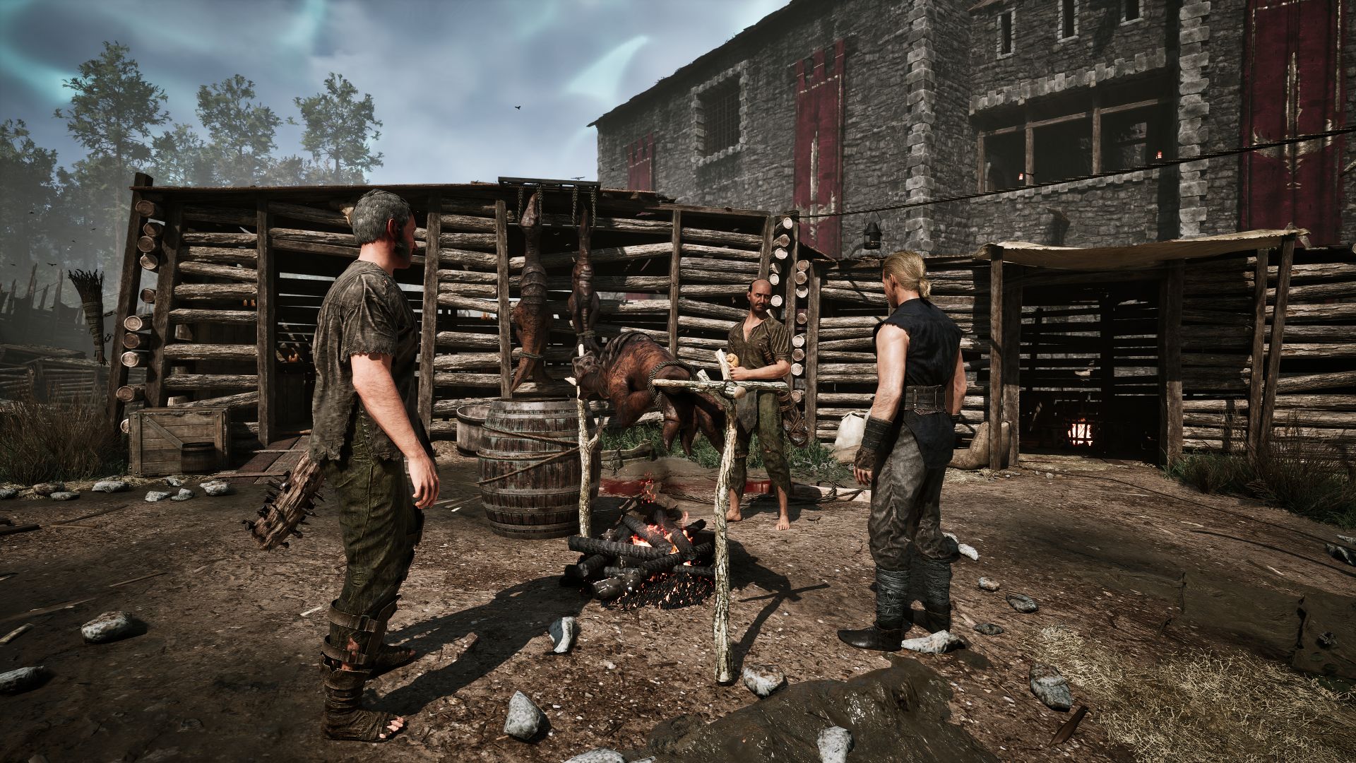 The Nameless Hero makes friends around meat cooking over a campfire