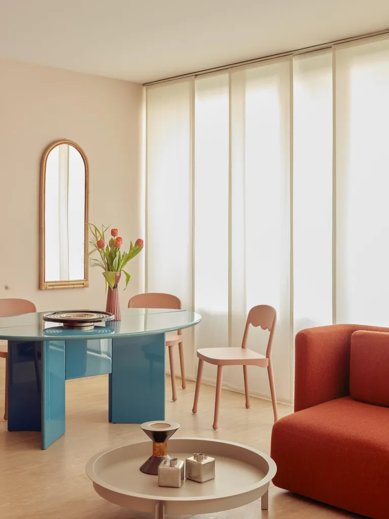 Apartment in Udine by Cristina Celestino featuring a glass table with wooden chairs, a low rise circular side table in front of a red sofa.