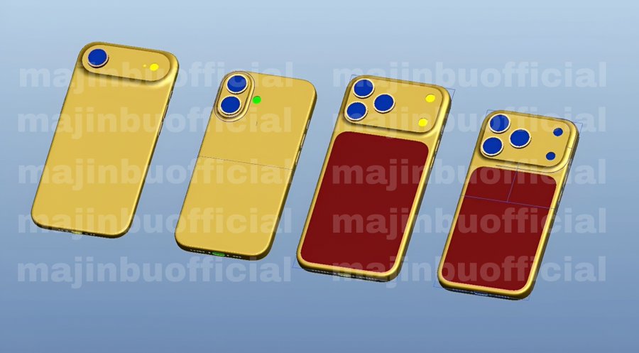 The iPhone 17 Air, iPhone 17, iPhone 17 Pro, and iPhone 17 Pro Max in a CAD mockup