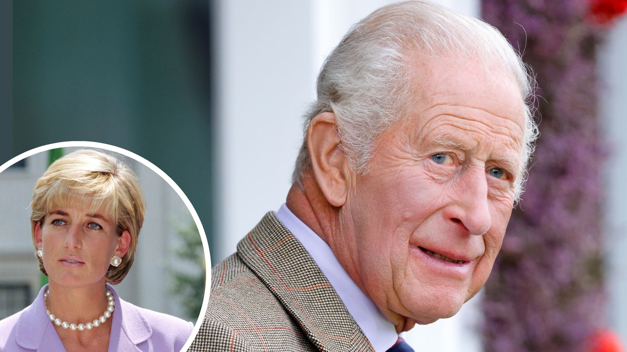 A roundel of Princess Diana in 1997 over the top of a picture of King Charles at the Braemar Gathering 2026