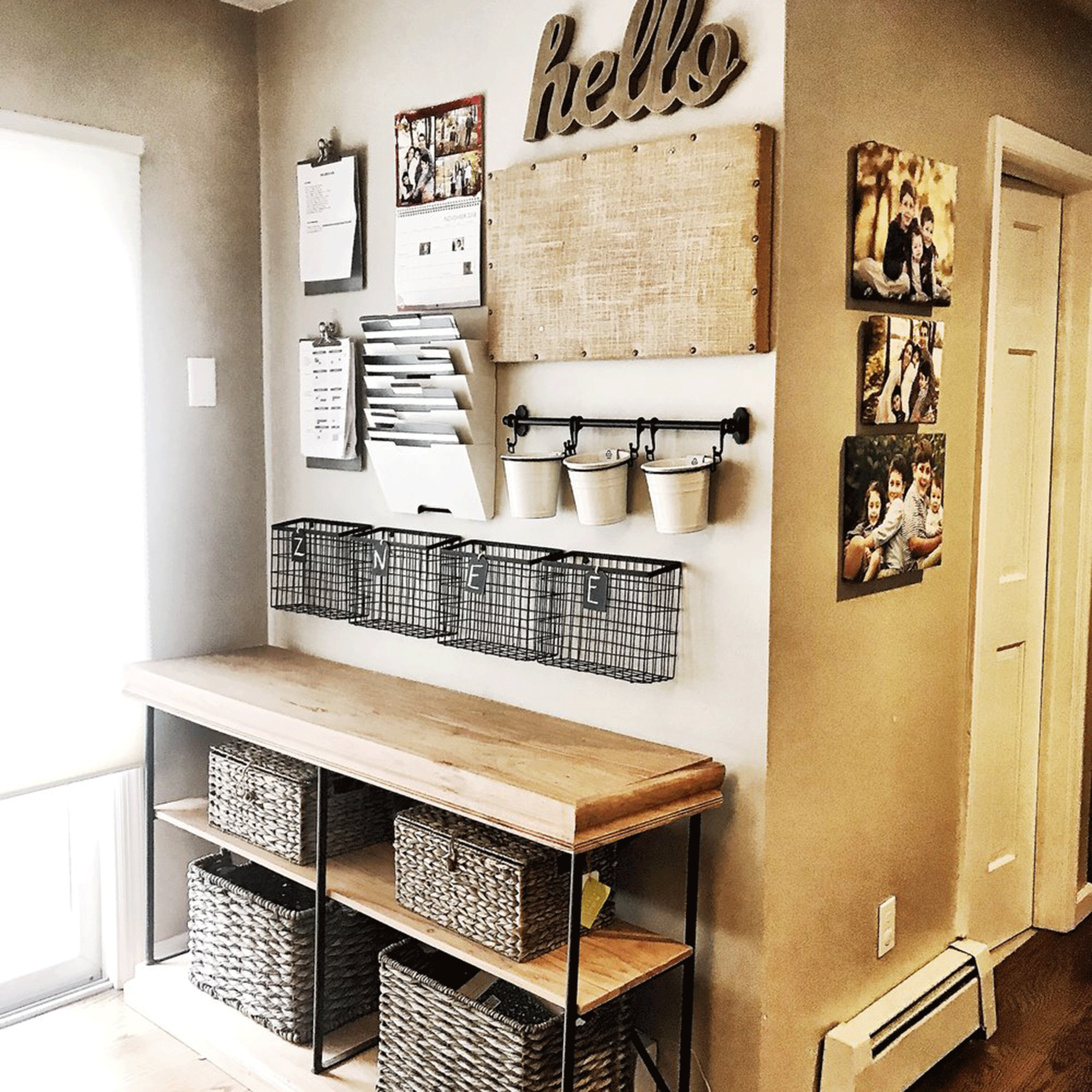 Magnolia wall with cork board and bench