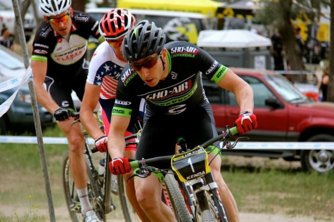 Jeremiah Bishop (Sho-Air/Cannondale) takes a turn at the front of the lead group at the Fontana short track
