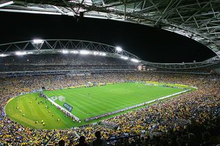 A general view of play during the second leg of the 2006 FIFA World Cup qualifying match between Australia and Uruguay at Telstra Stadium November 16, 2005 in Sydney, Australia.