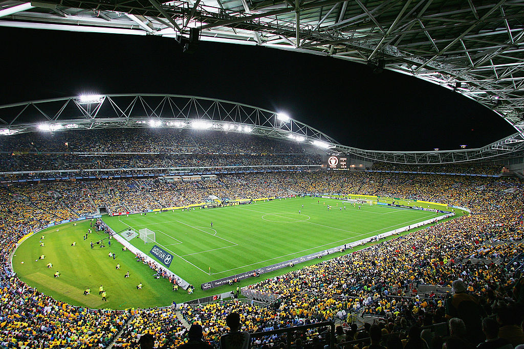 Una visione generale del gioco durante la seconda tappa della partita di qualificazione della Coppa del mondo FIFA 2006 tra Australia e Uruguay al Telstra Stadium 16 novembre 2005 a Sydney, Australia.