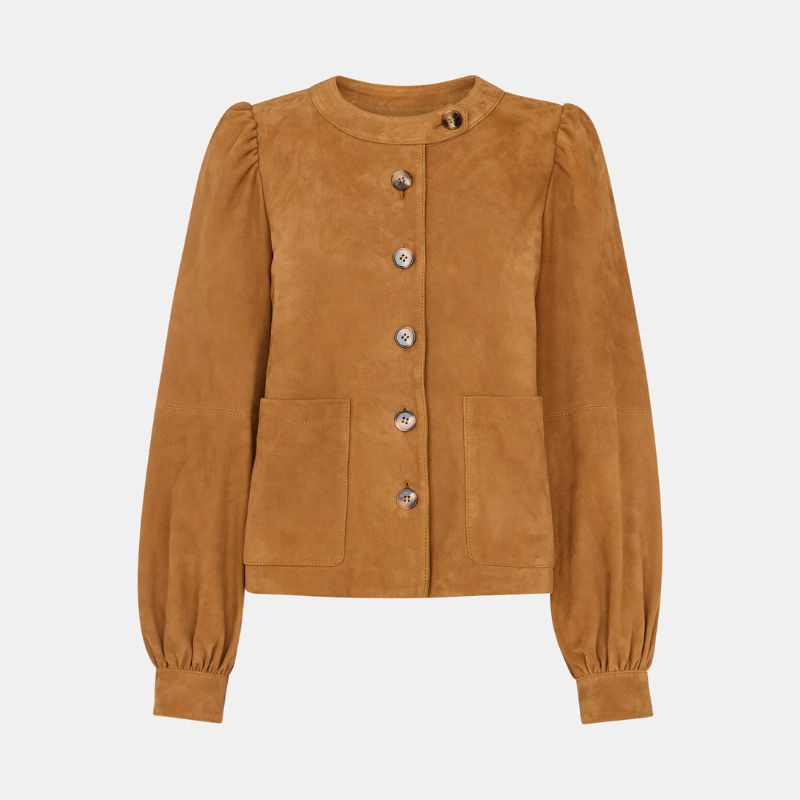 A cutout of a suede jacket with puff sleeves by Whistles