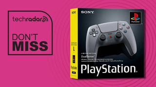 The PS5 30th Anniversary DualSense controller box on a magenta background with black don't miss text