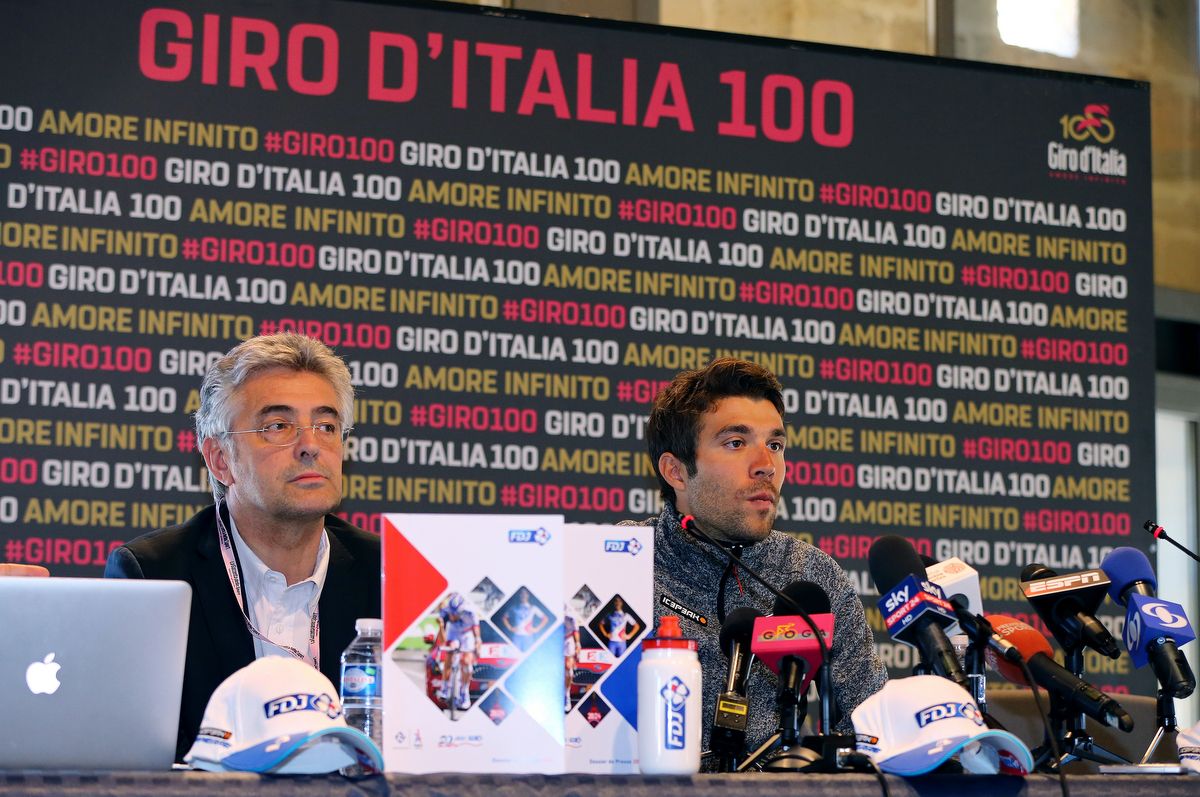 Marc Madiot and Thibaut Pinot of FDJ wait for the questions