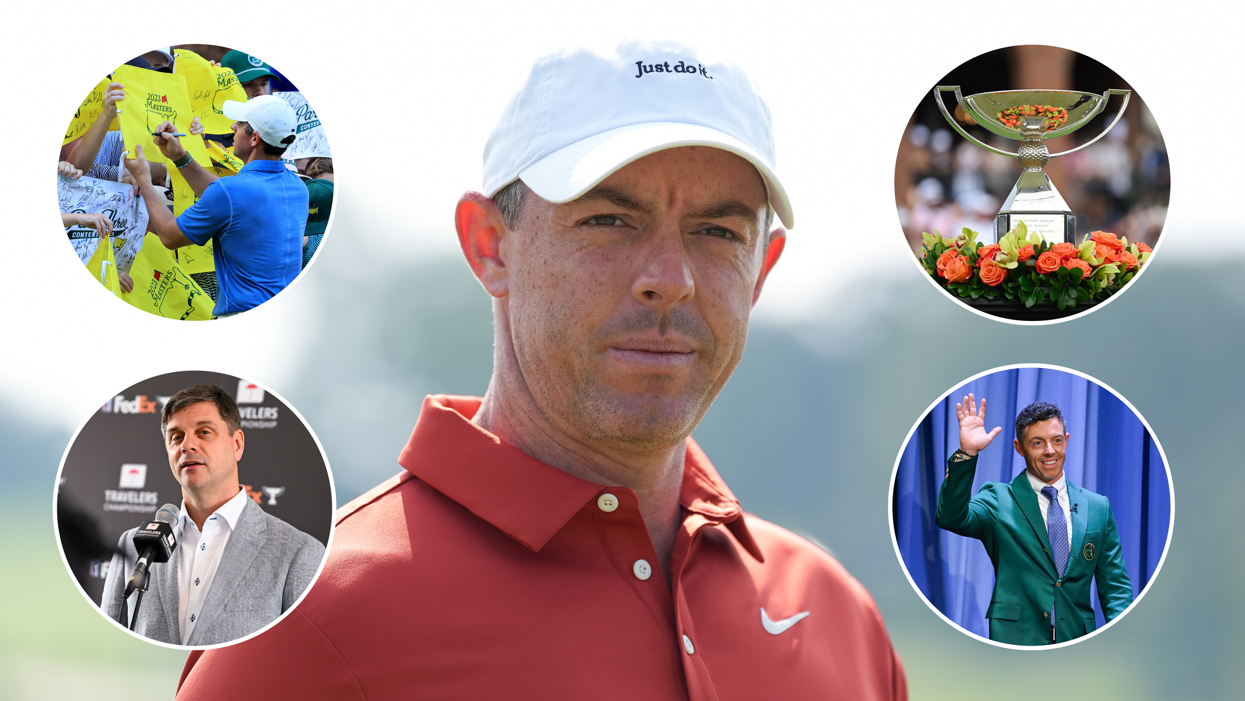 Rory McIlroy in an orange polo and white cap and insets of him signing Masters flags, Brian Rolapp speaking to media, the FedEx Cup trophy and him waving to the crowd on the Tonight Show wearing the Green Jacket