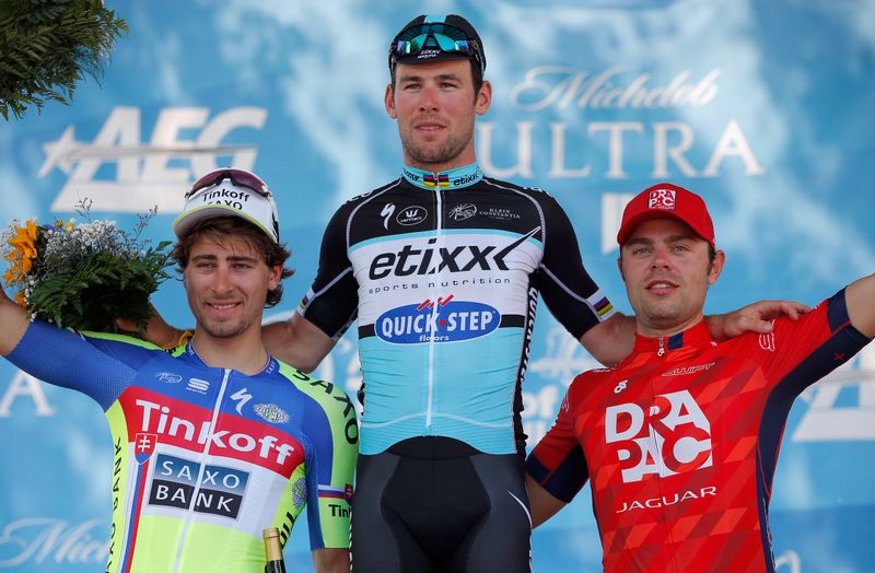 Peter Sagan, Mark Cavendish and Wouter Wippert on the podium