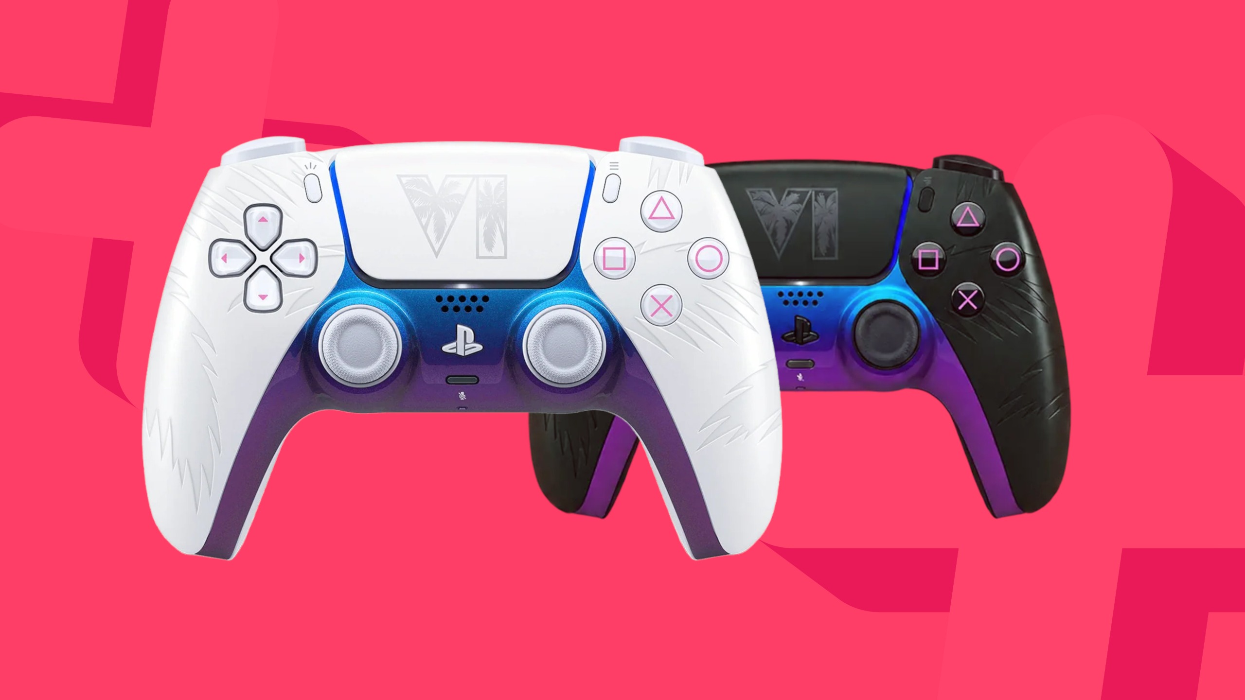 White and black GTA 6 DualSense controllers on a pink background