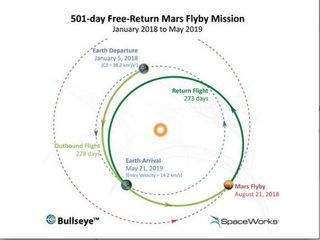 Space tourist Dennis Tito proposes a Mars flyby mission with a trajectory shown here.