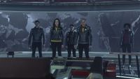 (L-R): Dan Jeannotte as Sam Kirk, Rebecca Romijn as Una, Melissa Navia as Erica Ortegas, Anson Mount as Captain Pike, and Celia Rose Gooding as Uhura in season 4, episode 2, of Star Trek: Strange New Worlds