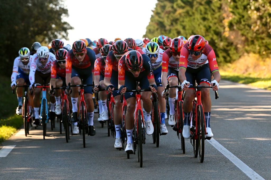 BELLEGARDESURVALSERINE FRANCE FEBRUARY 01 LR Pavel Sivakov of France and Team INEOS Grenadiers and Mads Pedersen of Denmark and Team TrekSegafredo compete during the 53rd Etoile de Besseges Tour Du Gard 2023 Stage 1 a 16218km stage from Bellegarde to Bellegarde EDB2021 on February 01 2023 in BellegardesurValserine France Photo by Luc ClaessenGetty Images