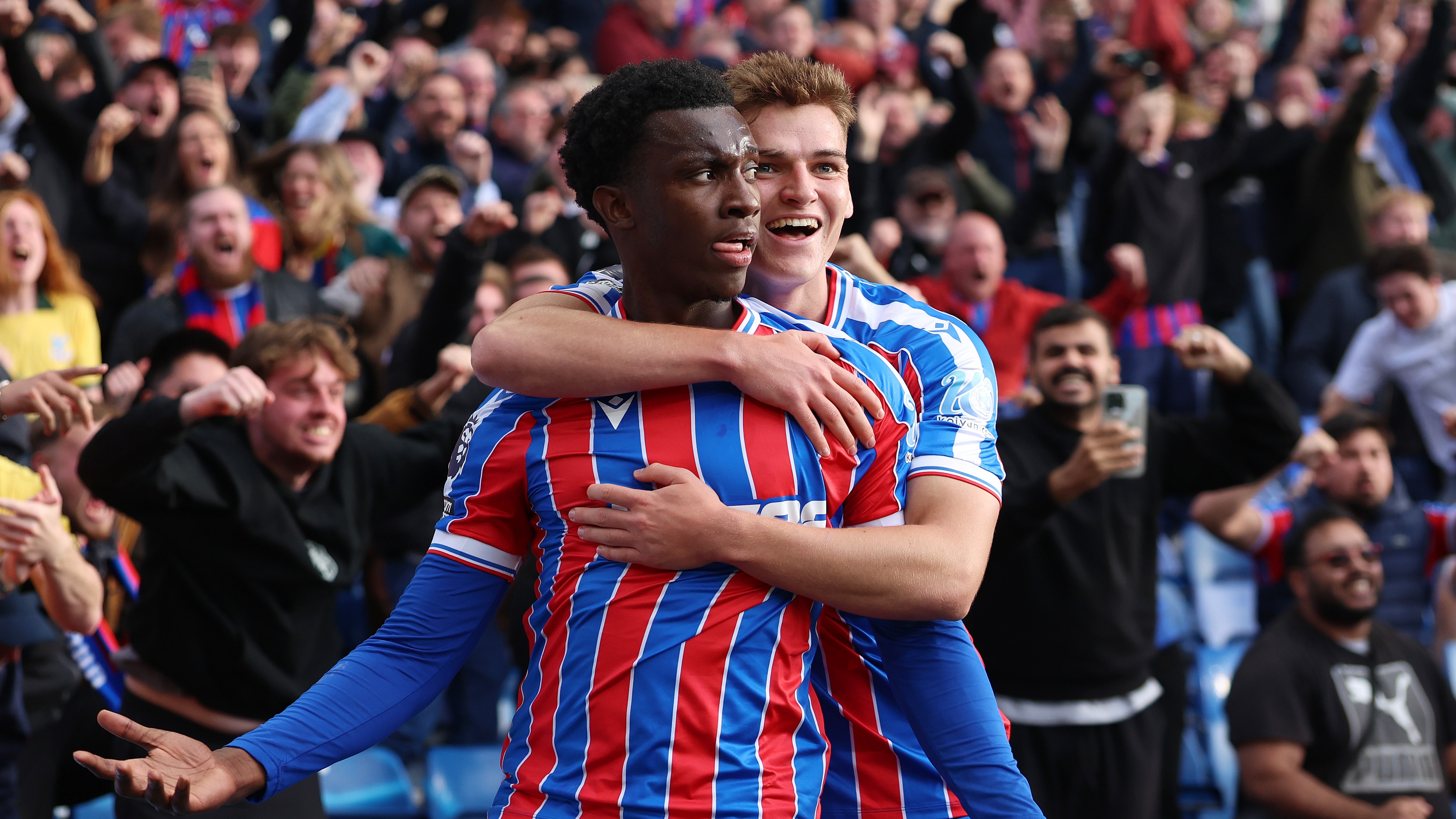 Eddie Nketiah of Crystal Palace celebrates scoring his team's second goal with team mate Justin Devenny during the Premier League match between Crystal Palace and Liverpool at Selhurst Park on September 27, 2025 in London, England.