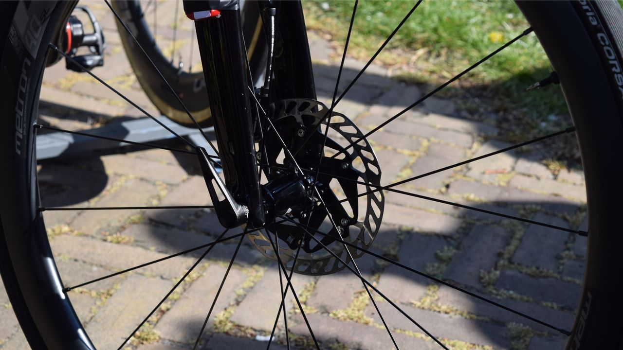 The Dura-Ace rotors usually used by the team were swapped out for these rotors on Breschel's wheel setup