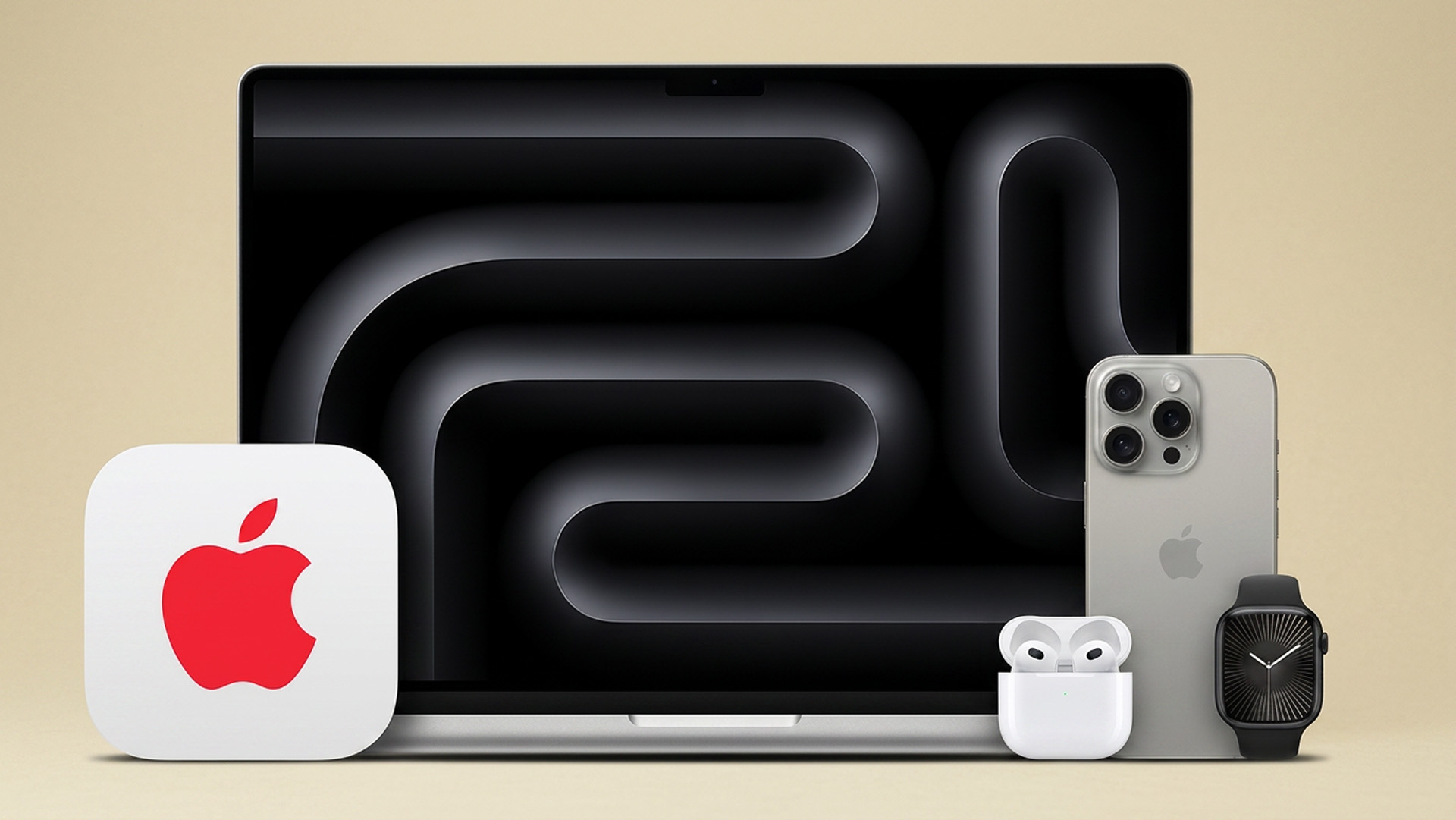 AppleCare One &ndash; multiple Apple products on a yellow background