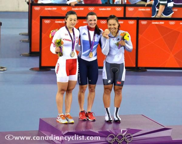 Women's keirin podium (L-R): Shuang Guo (China), Victoria Pendleton (Great Britain), Wai Sze Lee (Hong Kong)