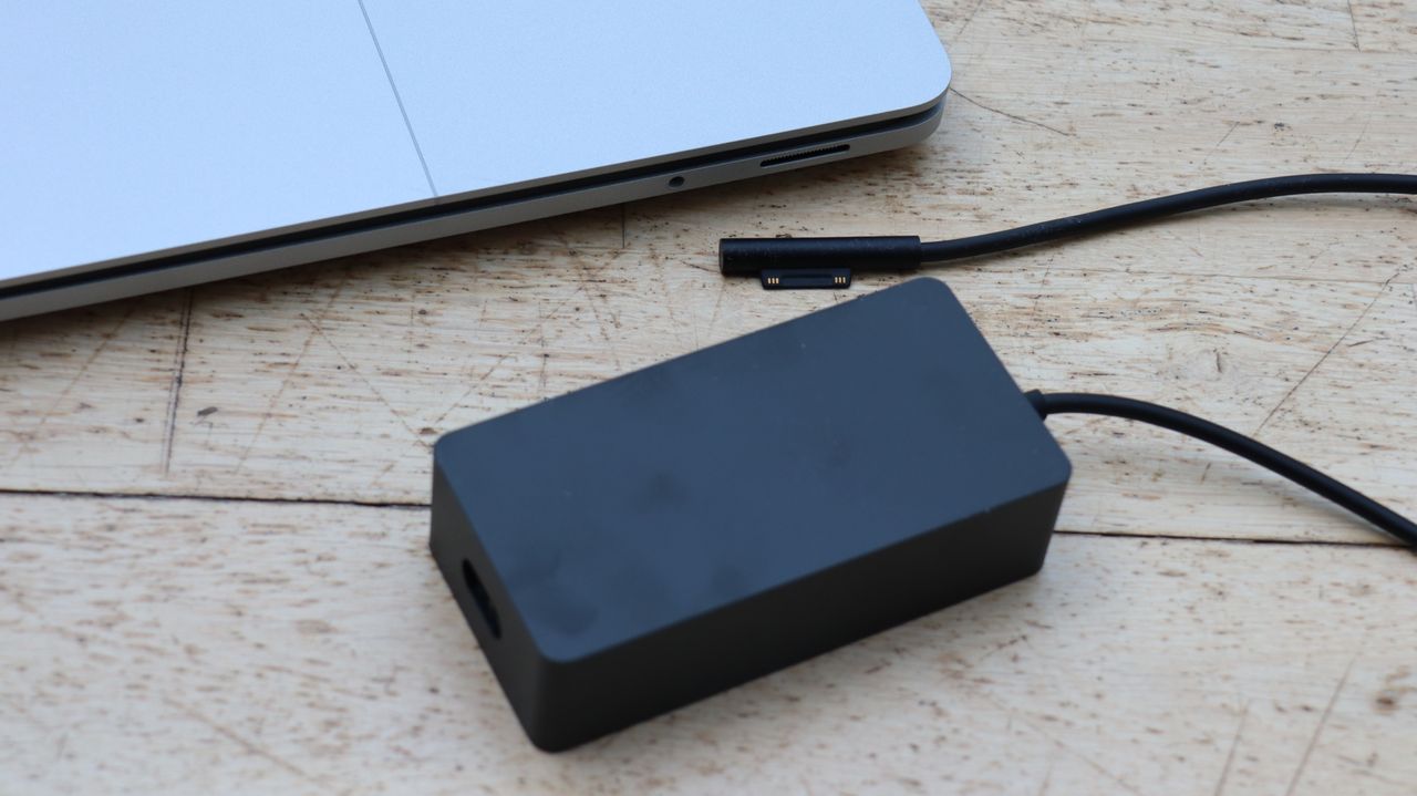 A closeup of the Microsoft Surface Studio Laptop's charger