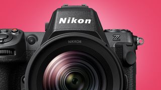 The Nikon Z8 camera on a pink background