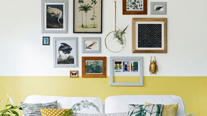 Living room with wall painted half yellow and white with gallery wall area above white sofa and coffee table