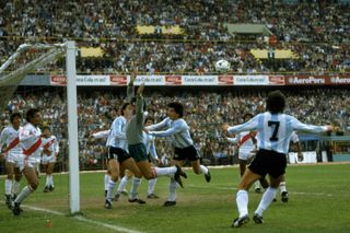 Goalmouth action in a World Cup qualifier between Argentina and Peru in 1985.