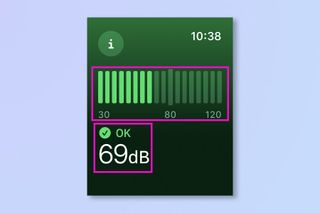 A screenshot of an Apple Watch showing how to access the built-in decibel meter