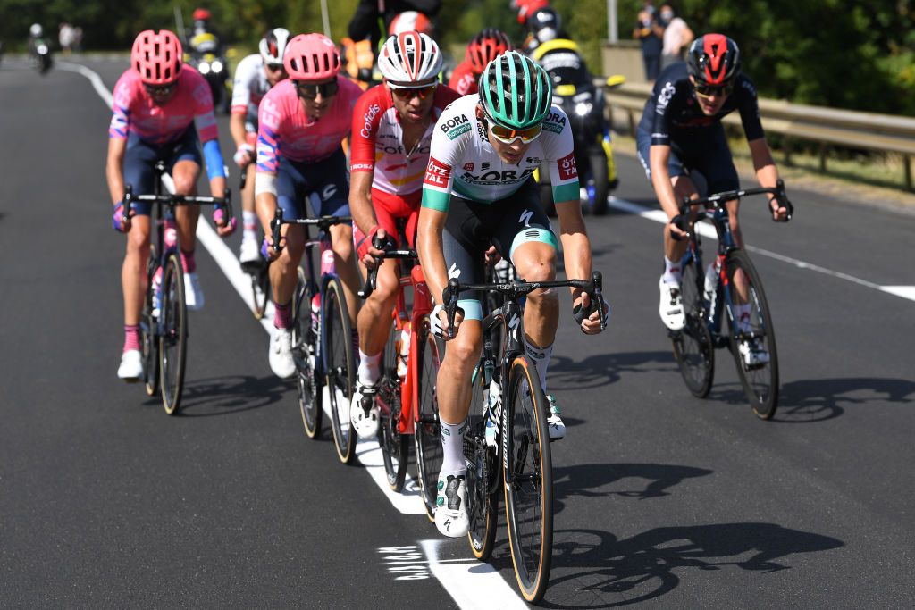 CANTAL FRANCE SEPTEMBER 11 Lennard Kamna of Germany and Team Bora Hansgrohe Nicolas Edet of France and Team Cofidis Solutions Credits Breakaway during the 107th Tour de France 2020 Stage 13 a 1915km stage from ChtelGuyon to Pas de PeyrolLe Puy Mary Cantal 1589m TDF2020 LeTour on September 11 2020 in Cantal France Photo by Tim de WaeleGetty Images