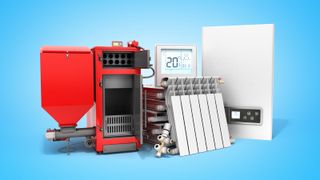 solid fuel boiler, radiators, thermostat, boiler lined up in a row