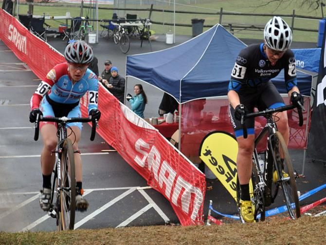 Katie Arnold (Bob's Red Mill), left, and Amanda Carey (Volkswagen Boise Cycling) together in the lead on the opening lap.
