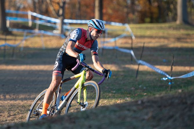 Kerry Werner (Kona Maxxis Shimano) rounds a turn in the berms chasing the two leaders
