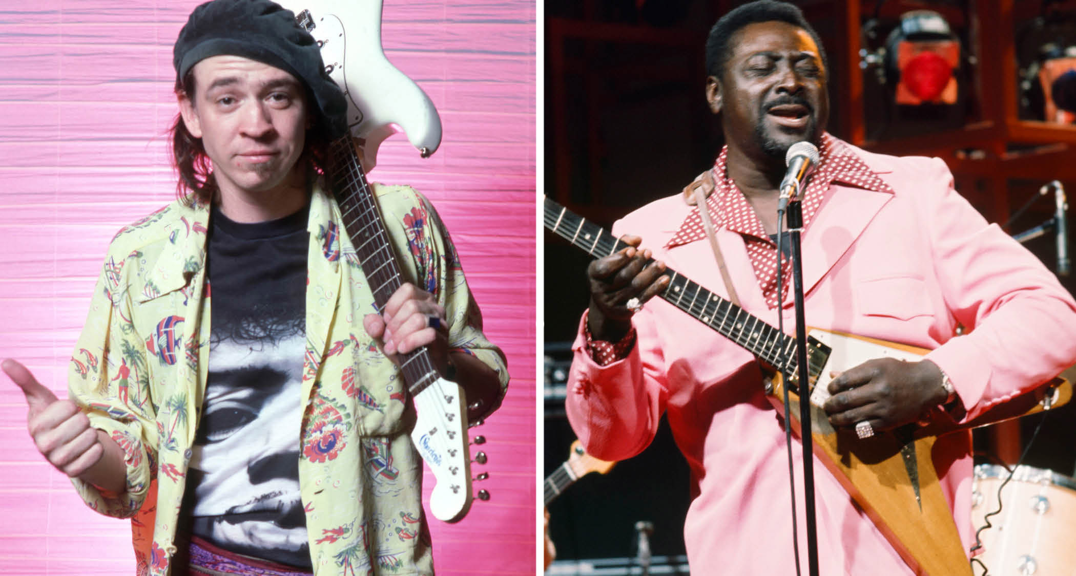 Stevie Ray Vaughan [left] slings his guitar over his shoulder and gives us a thumbs up; [right] an action shot of Albert King playing on Midnight Special