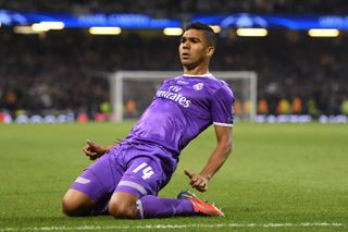 Casemiro celebrates after scoring for Real Madrid against Juventus in the 2017 Champions League final.