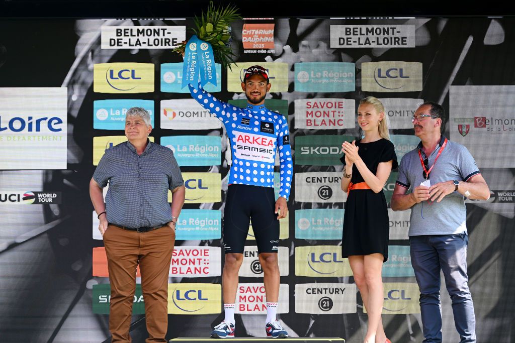 BELMONTDELALOIRE FRANCE JUNE 07 Donavan Grondin of France and Team Arka Samsic celebrates at podium as Polka dot Mountain Jersey winner during the 75th Criterium du Dauphine 2023 Stage 4 individual time trial from Cours to BelmontdelaLoire 482m UCIWT on June 07 2023 in BelmontdelaLoire France Photo by Dario BelingheriGetty Images