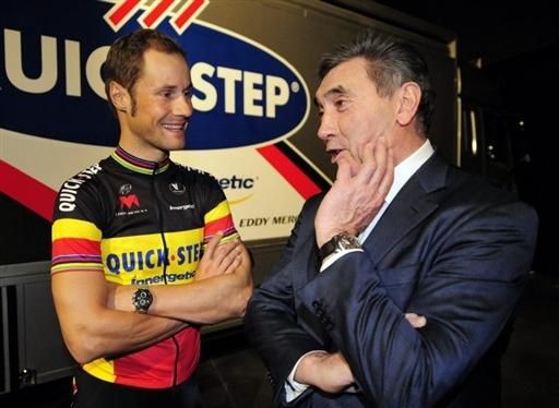 Belgian cyclist Tom Boonen and cycling legend Eddy Merckx talk during the team presentation of Quick-Step, at the Velofolies, in Kortrijk.