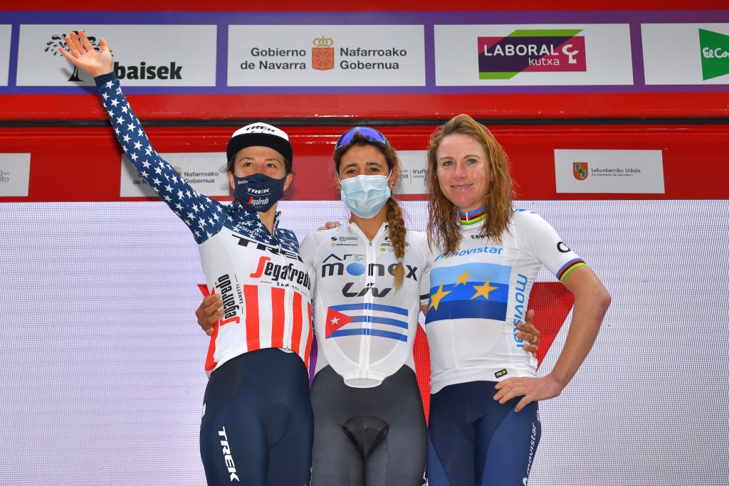 PAMPLONA SPAIN MAY 14 Ruth Winder of United States and Team Trek Segafredo Arlenis Sierra Caadilla of Cuba and AR Monex Womens Pro Cycling Team Annemiek Van Vleuten of Netherlands and Movistar Team celebrate at podium during the 2nd Navarra Womens Elite Classics 2021 Stage 2 a 1258km stage from PamplonaIrua to PamplonaIrua Emakumeen Nafarroako Klasikoa VueltaNavarra NWE21 on May 14 2021 in Pamplona Spain Photo by Luc ClaessenGetty Images