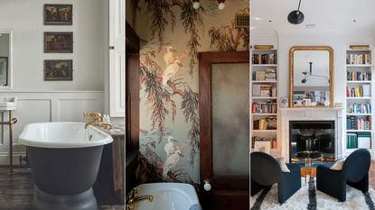 traditional bathroom, wall mural in powder room, living room with large built in bookshelves