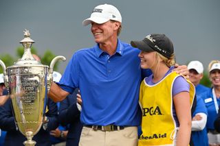 Steve Stricker, with his daughter Izzi who was his caddie,. after winning the Senior PGA Championship in 2023 GettyImages-1258258472