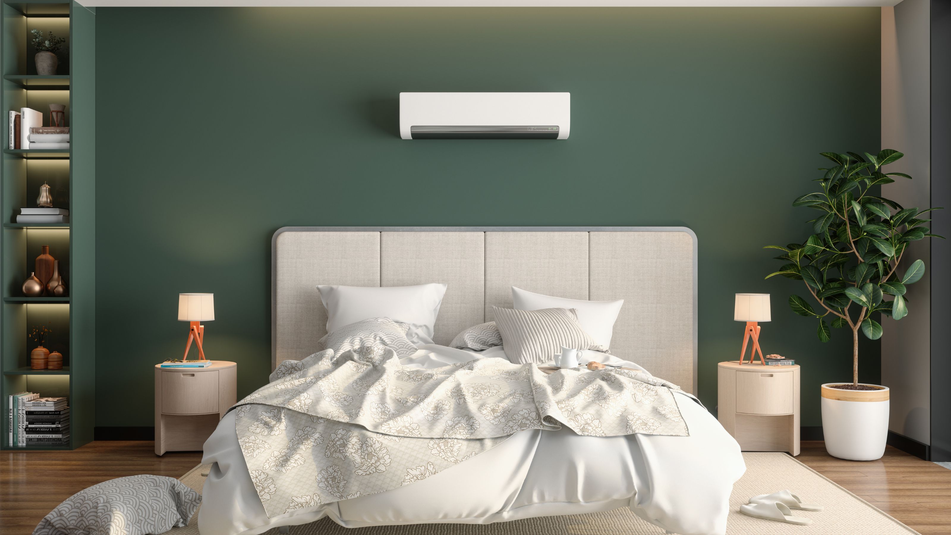 air conditioning unit on a dark green wall above a large bed with light headboard and bedding, and two side tables with small lamps