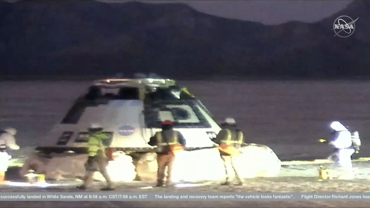 Boeing's first Starliner spacecraft is seen back on Earth after a successful landing at White Sands Space Harbor in New Mexico on Dec. 22, 2019.