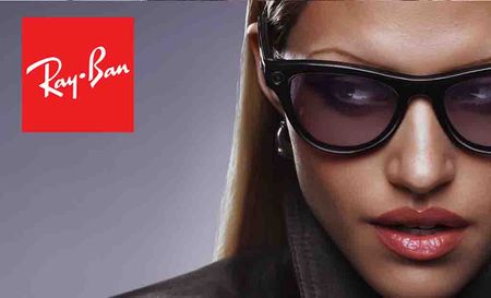 Ray Ban logo placed over an image of a woman wearing ray ban glasses