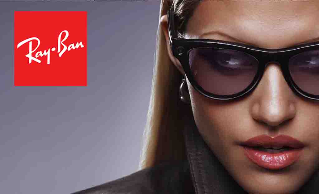 Ray Ban logo placed over an image of a woman wearing ray ban glasses