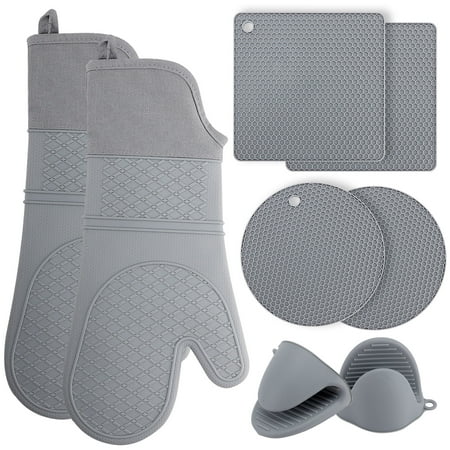 Tinana Extra Long Silicone Oven Mitts Pot Holders Sets, Heat Resistant Oven Mittens With Mini Oven Gloves and Hot Pads Pot Holders for Kitchen Baking and Cooking, 8 Pcs