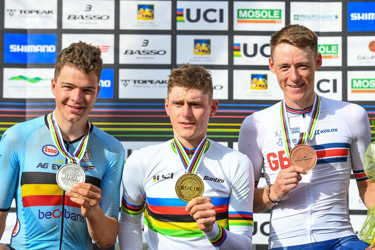 Matej Mohorič of Slovenia wins the 2023 UCI Gravel World Championships with Florian Vermeersch of Belgium in second and Connor Swift of Great Britain in third